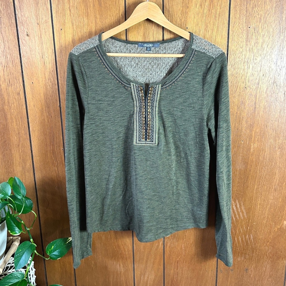 Miss‎ Me Womens Olive Green Mixed Media Embroidered Long Sleeve Top Grunge